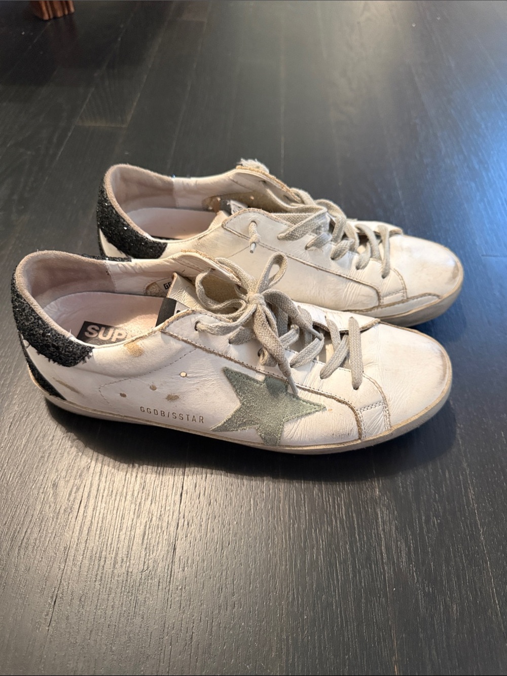 Golden Goose White Sneakers with Grey Star and Black Heel Glitter